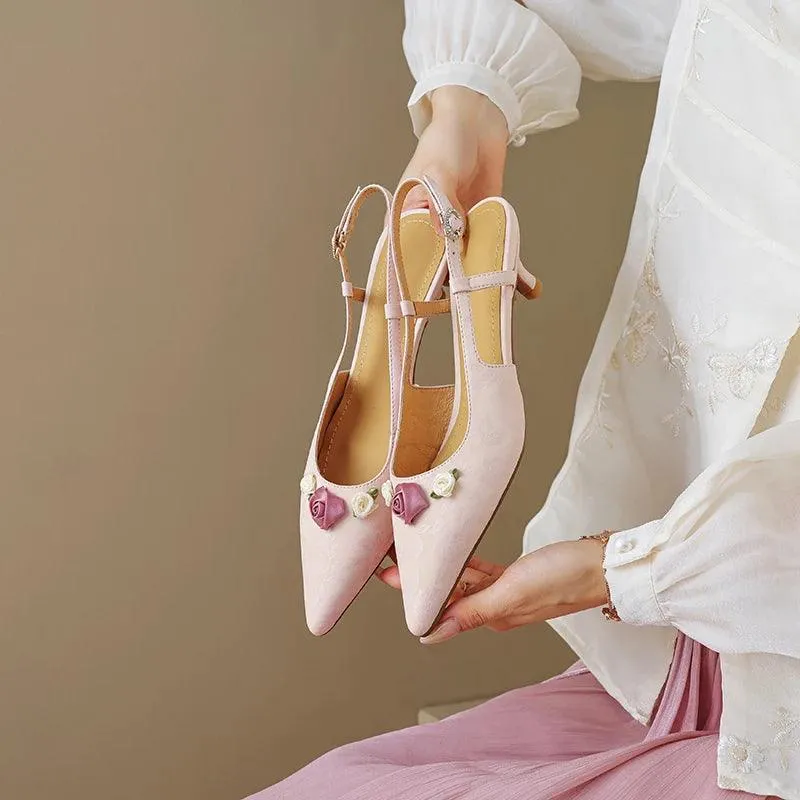 TSS27 Women's Casual Shoes - Leather Satin Stiletto Pumps With Sweet Flower